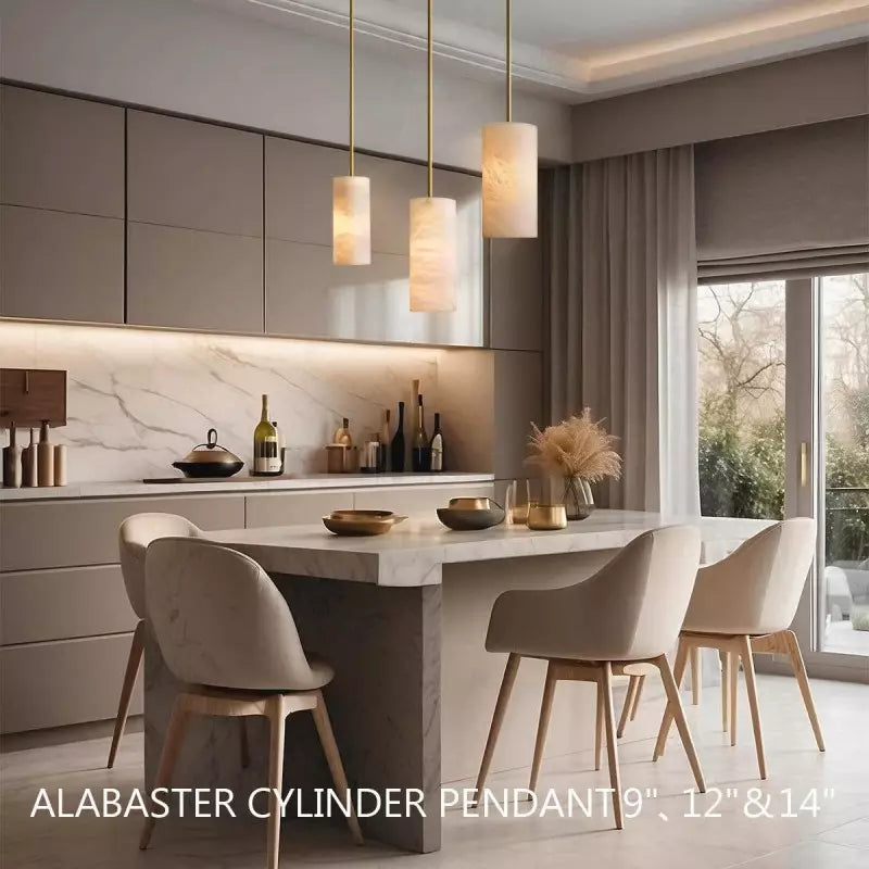 Alabaster Cylinder Pendant Light 9-14 in Natural Stone Single Bulb E26 Hardwire for Kitchen Island Dining Room Bedroom Hallway | Thomler