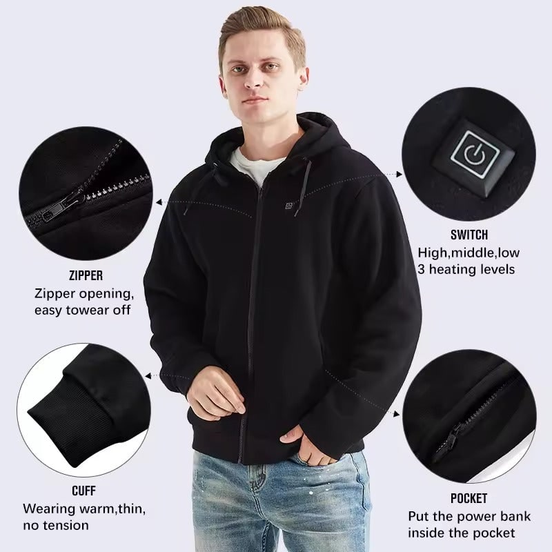 USB-Powered Heated Hoodie with Full Zip, Drawstring Hood & Adjustable Heat Zones for Winter Warmth | Thomler