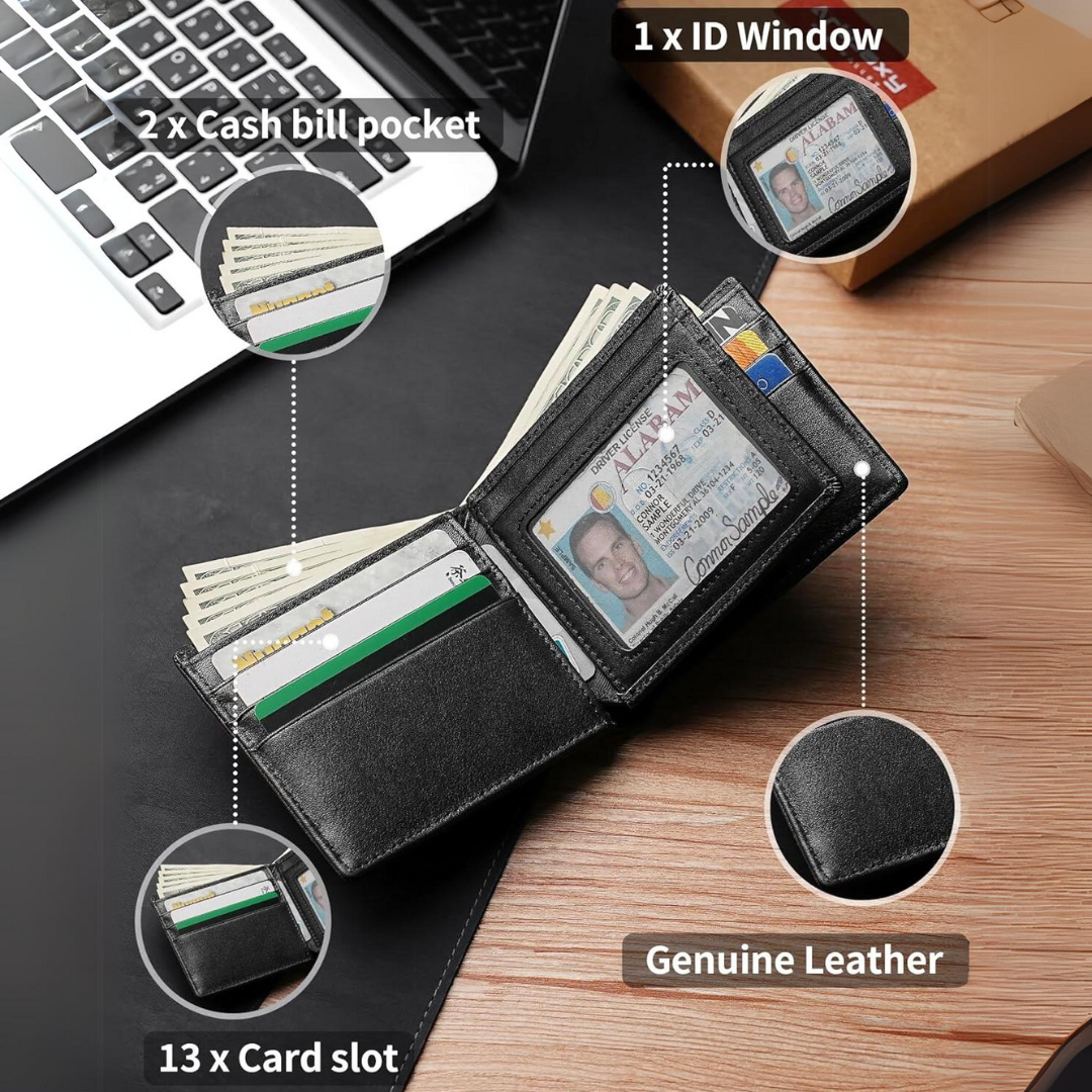 Genuine Leather RFID-Blocking Bifold Wallet for Men – Slim Card Holder with ID Window & Cash Compartment | Thomler