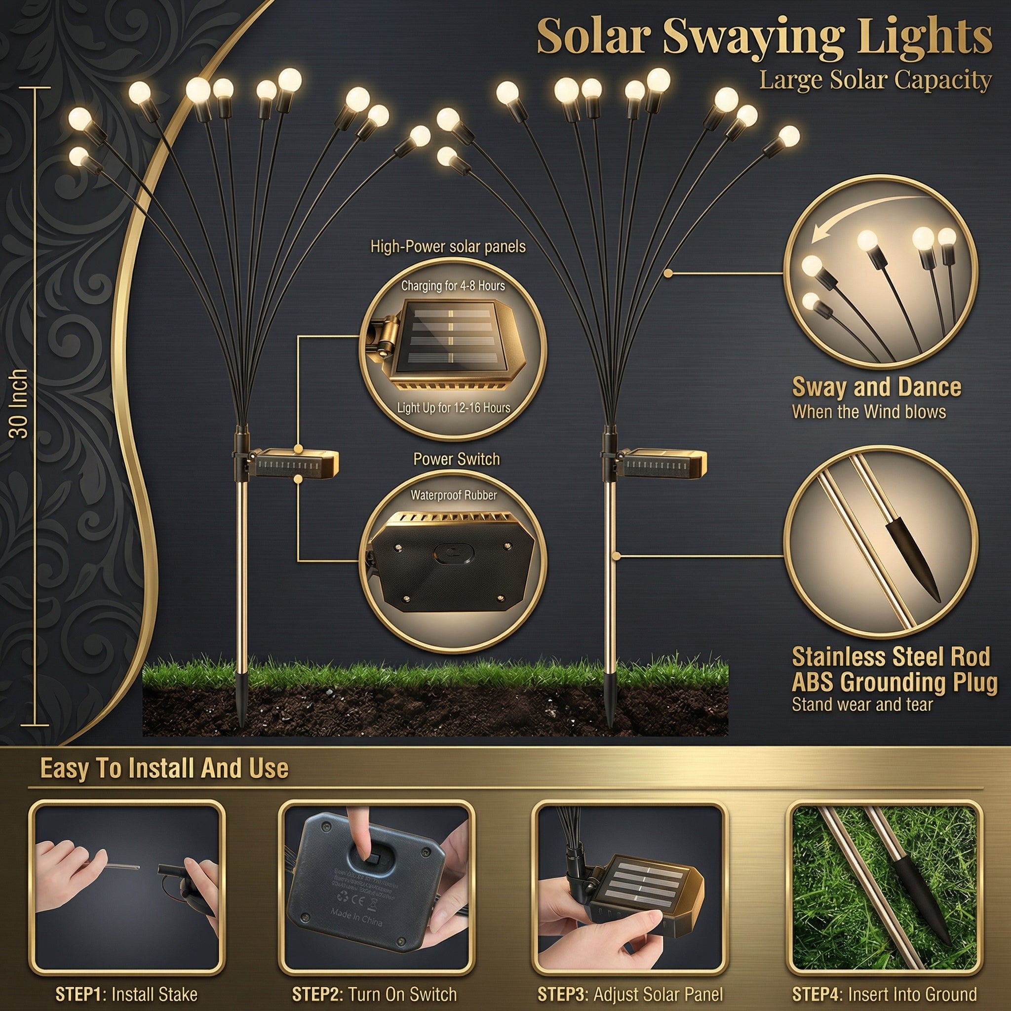 Solar Garden Light PVC Stainless Steel 30 in Outdoor Pathway Decorative Swiveling LED Landscape Lighting | Thomler