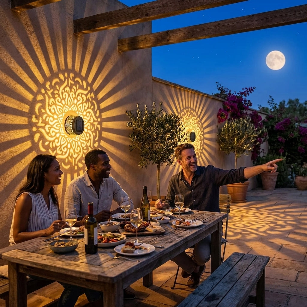 Solar-Powered Decorative Iron Light with Mandala Shadow Projection for Outdoor Walls, Patios, Gardens & Fences — Automatic Dusk Sensor, Weat | Thomler