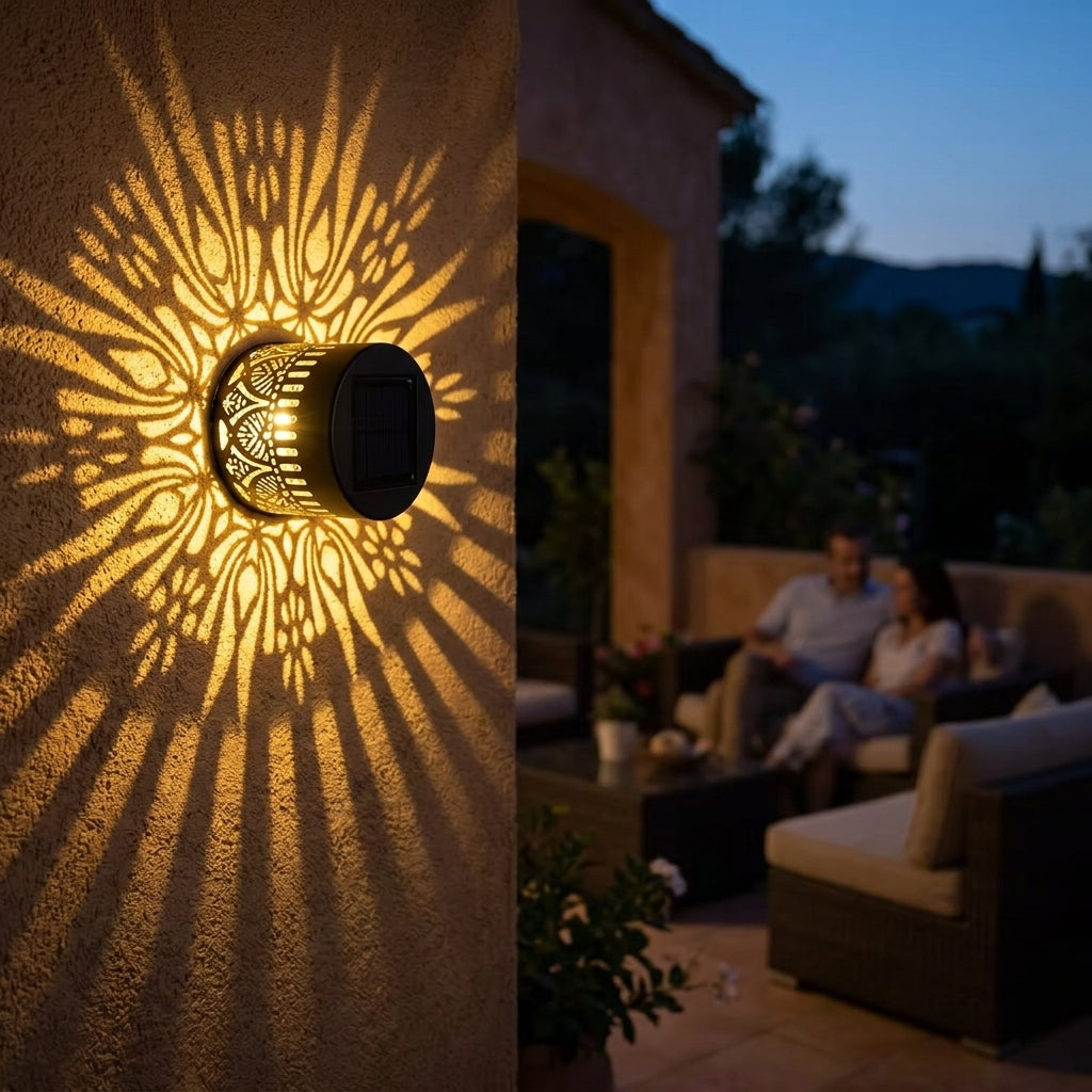 Solar-Powered Decorative Iron Light with Mandala Shadow Projection for Outdoor Walls, Patios, Gardens & Fences — Automatic Dusk Sensor, Weat | Thomler