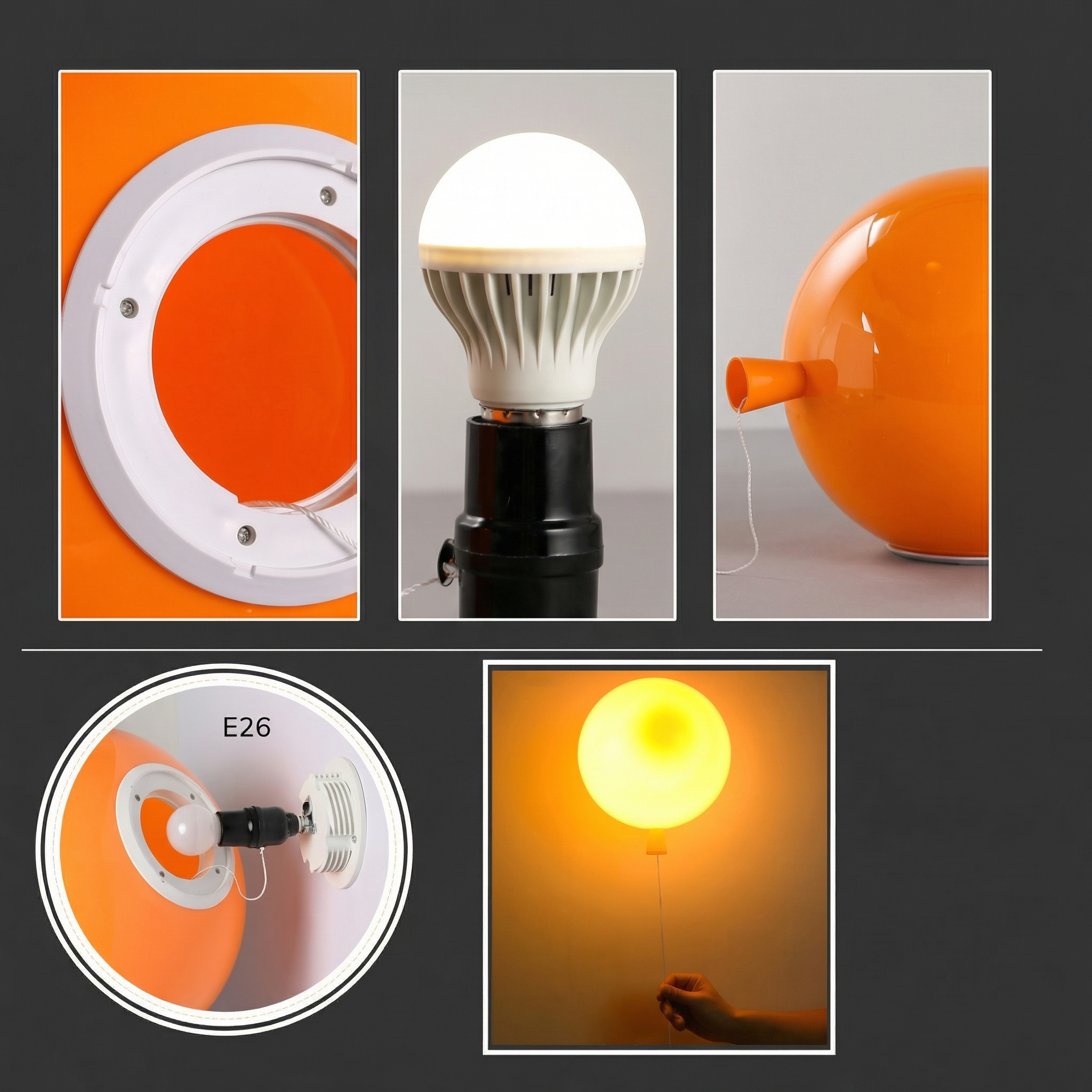 Spherical LED Wall & Ceiling Fixture with Pull Chain in Red Blue Yellow Green Orange White Small Medium Large for Bedroom Playroom Hallway K | Thomler