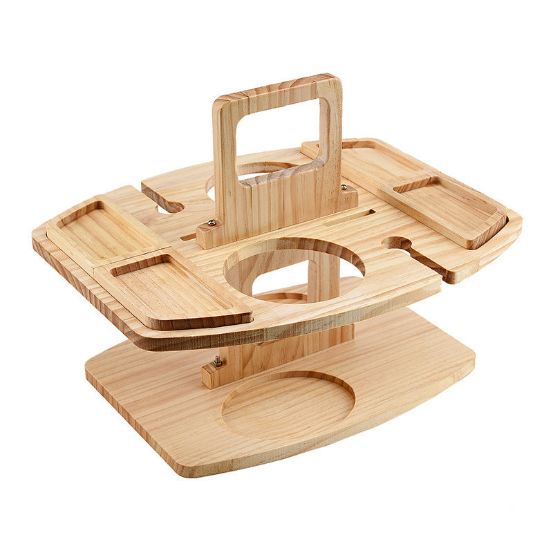 Portable Wooden Wine & Picnic Table with Carry Handle for Outdoor Dining | Folding Wine Caddy Tray for Beach, Park, Camping | Solid Wood | Thomler