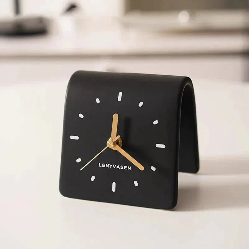Desk Clock Ceramic 12.0 cm Compact Silent Quartz Rounded Shape Black Brown Minimalist Home Office Bedroom Timepiece | Thomler