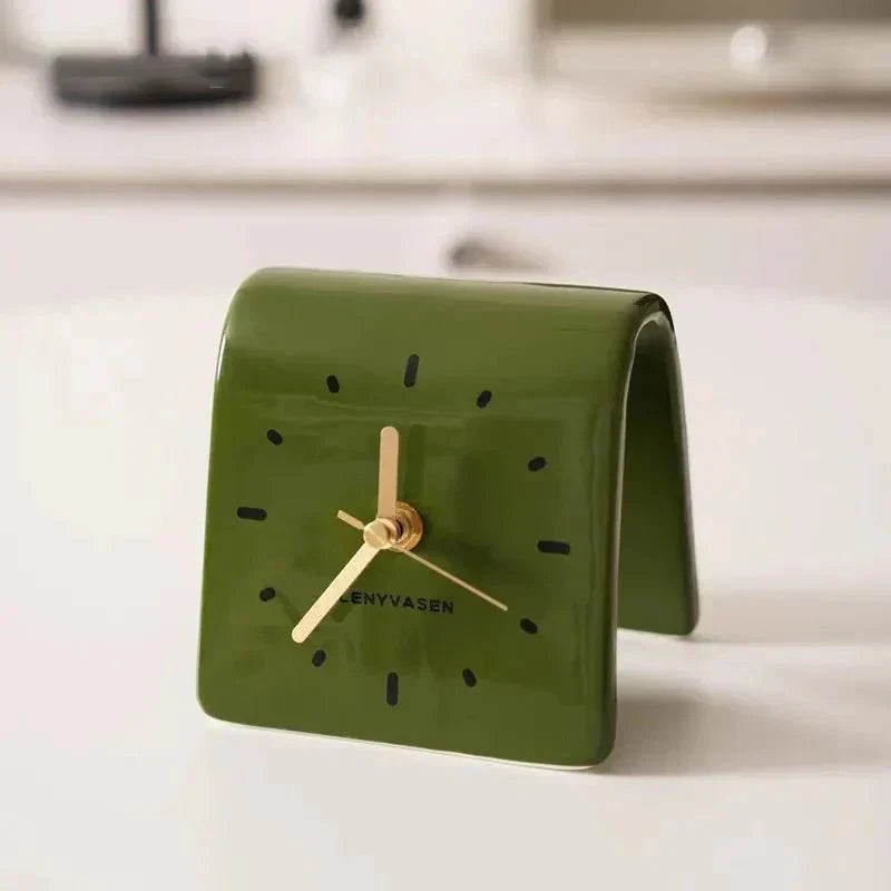 Desk Clock Ceramic 12.0 cm Compact Silent Quartz Rounded Shape Black Brown Minimalist Home Office Bedroom Timepiece | Thomler