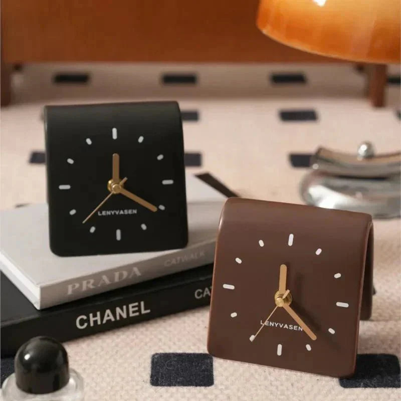 Desk Clock Ceramic 12.0 cm Compact Silent Quartz Rounded Shape Black Brown Minimalist Home Office Bedroom Timepiece | Thomler