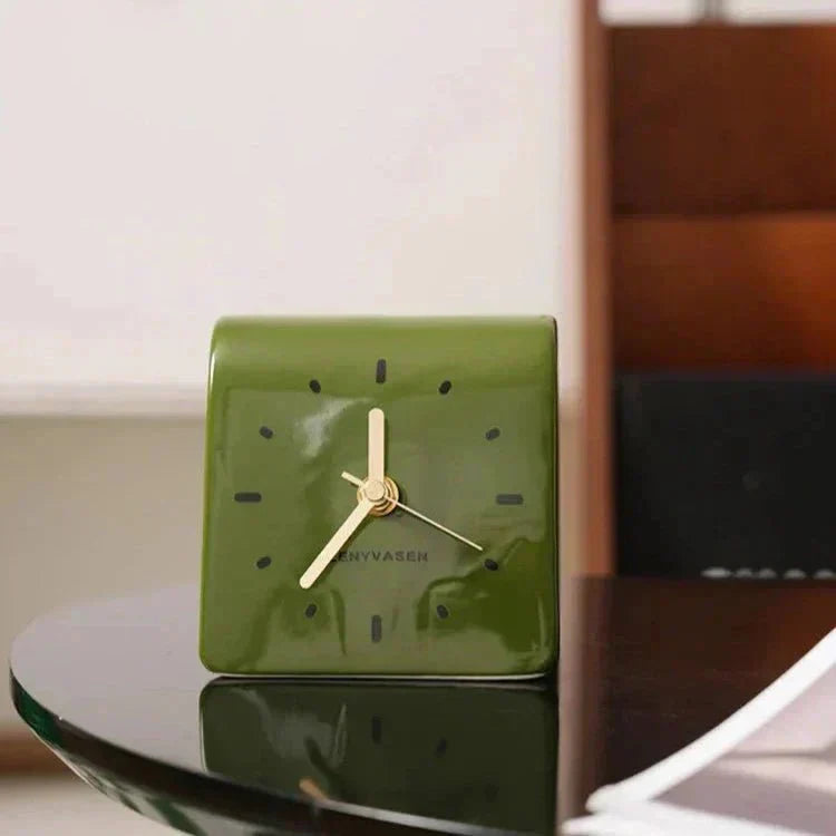 Desk Clock Ceramic 12.0 cm Compact Silent Quartz Rounded Shape Black Brown Minimalist Home Office Bedroom Timepiece | Thomler