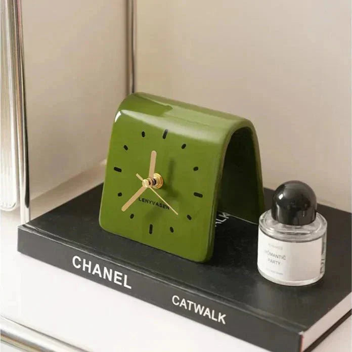 Desk Clock Ceramic 12.0 cm Compact Silent Quartz Rounded Shape Black Brown Minimalist Home Office Bedroom Timepiece | Thomler