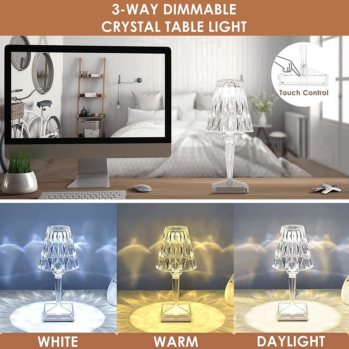 Rechargeable Crystal Table Lamp – Touch Control LED Desk Light with Multi-Color Modes – Cordless Diamond Accent Lamp for Bedroom | Thomler