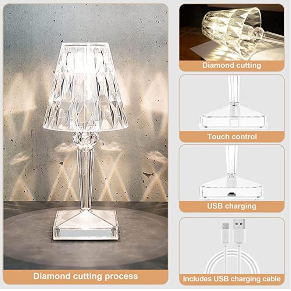 Rechargeable Crystal Table Lamp – Touch Control LED Desk Light with Multi-Color Modes – Cordless Diamond Accent Lamp for Bedroom | Thomler