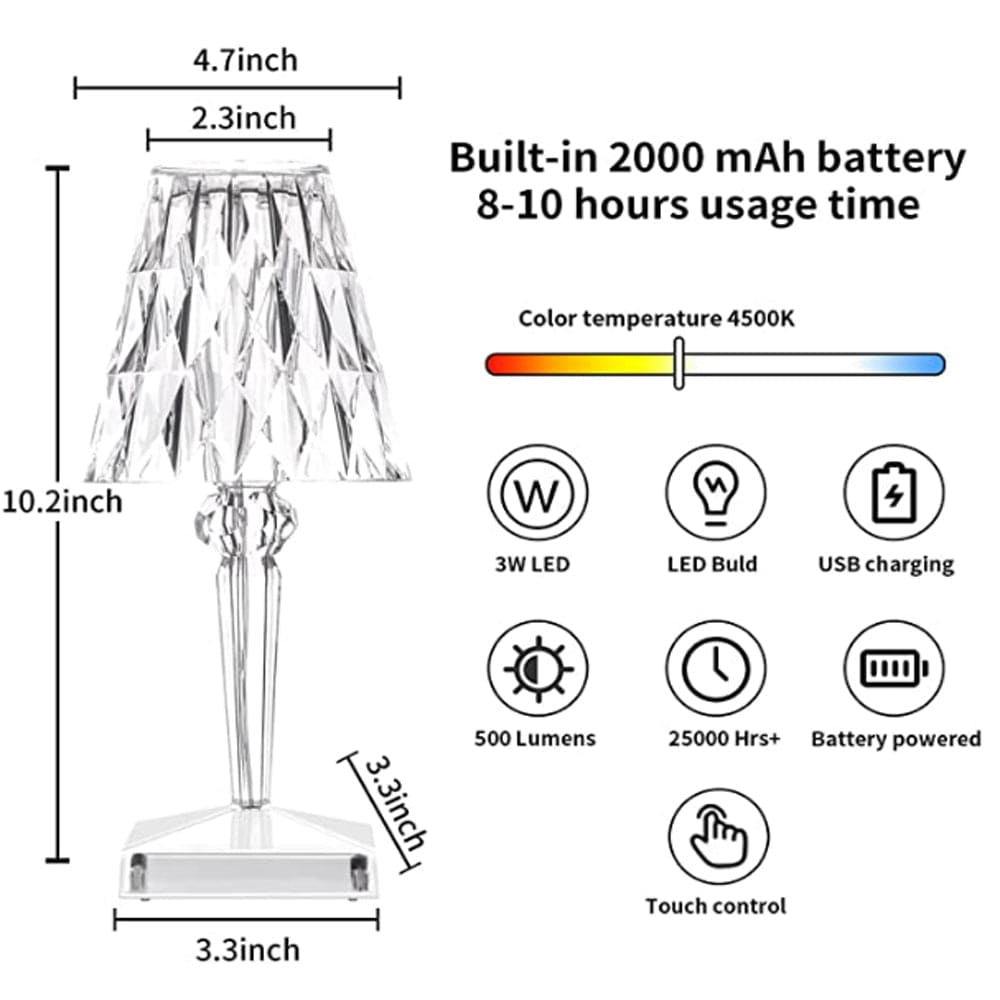 Rechargeable Crystal Table Lamp – Touch Control LED Desk Light with Multi-Color Modes – Cordless Diamond Accent Lamp for Bedroom | Thomler