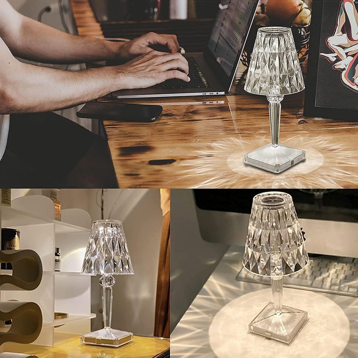 Rechargeable Crystal Table Lamp – Touch Control LED Desk Light with Multi-Color Modes – Cordless Diamond Accent Lamp for Bedroom | Thomler