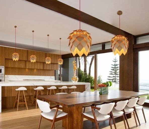 Oak Wood Pendant Light with Crystal Accents and Adjustable Cord for Dining Room, Bar, Living Room | Thomler