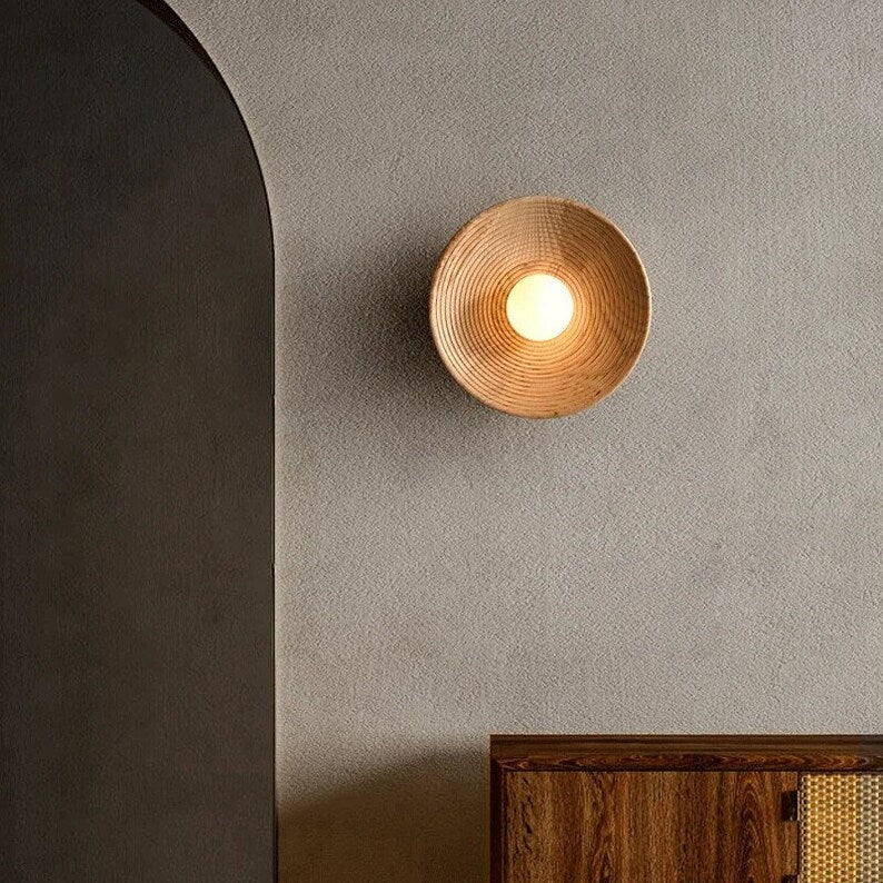 Wall Lamp Wood Glass 27.0 cm Natural Bedroom Hallway Japandi Retro Vintage Ambient Lighting Fixture | Thomler
