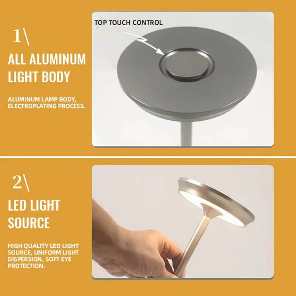 Rechargeable LED Table Lamp Touch Control 4 Brightness Levels Waterproof IP66 Metal Portable Battery Operated for Bedroom Living Room | Thomler