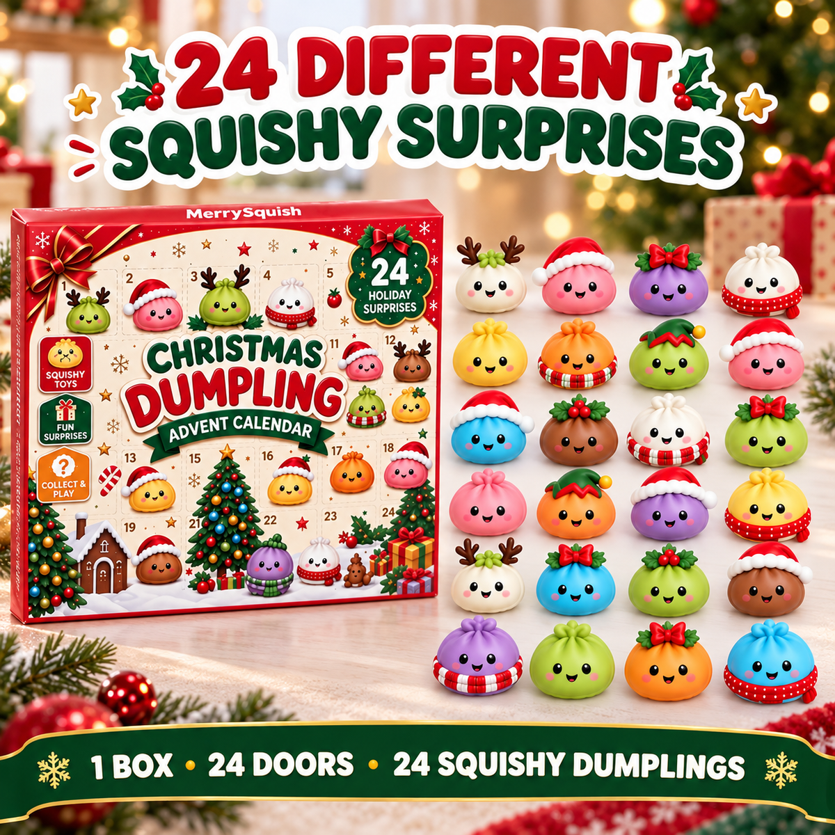 Squishy Toy Advent Calendar – 24 Soft Holiday Dumplings for Kids, Daily Countdown to Christmas, Ages 6+ | Thomler