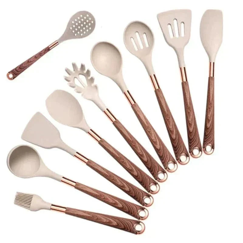 Silicone Cooking Utensil Set with Wooden Handles – 10-Piece Non-Stick Safe Tools for Everyday Meal Prep | Thomler