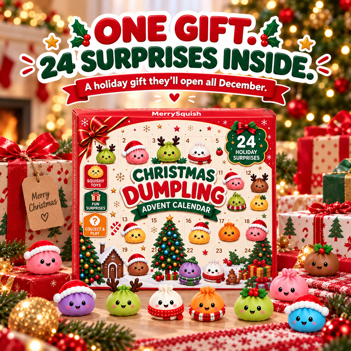 Squishy Toy Advent Calendar – 24 Soft Holiday Dumplings for Kids, Daily Countdown to Christmas, Ages 6+ | Thomler