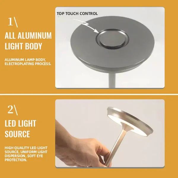 Rechargeable LED Table Lamp Touch Control 4 Brightness Levels Waterproof IP66 Metal Portable Battery Operated for Bedroom Living Room | Thomler