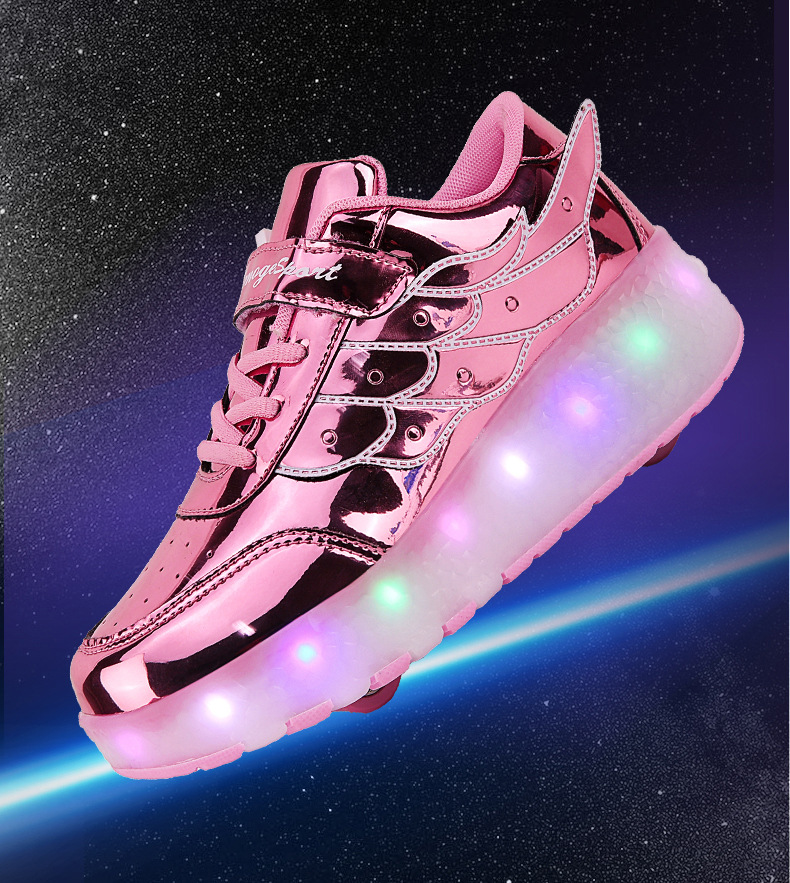 Roller Skate Sneakers Canvas USB Rechargeable LED 24.0 cm Pink Outdoor Play Teens Children Fun Shoes Wings | Thomler