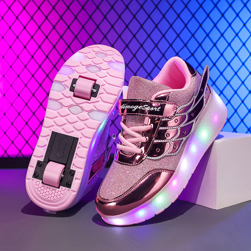 Roller Skate Sneakers Canvas USB Rechargeable LED 24.0 cm Pink Outdoor Play Teens Children Fun Shoes Wings | Thomler