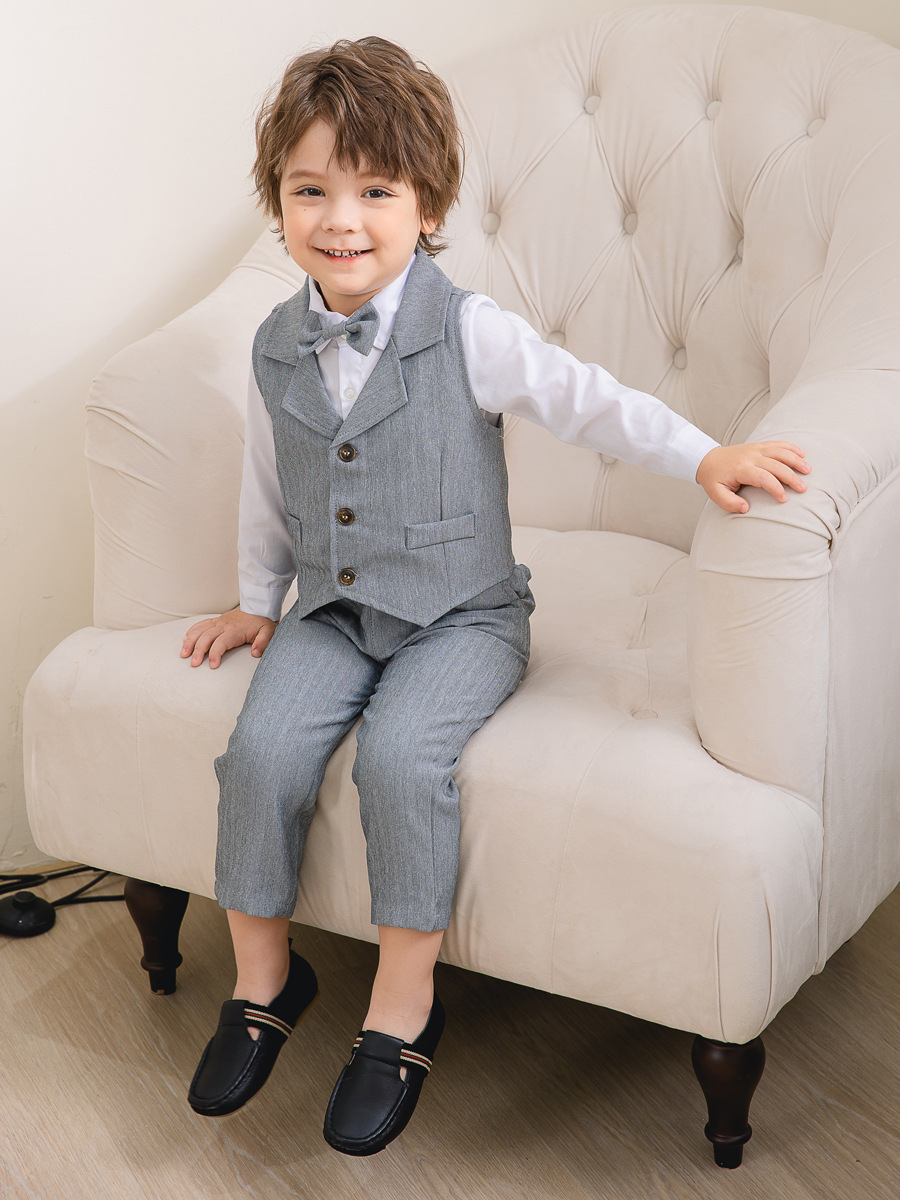 Boys 3-Piece Formal Suit Set with Shirt, Vest, Pants & Bow Tie for Weddings, Parties & Special Occasions | Soft Cotton Dress Outfit | Thomler