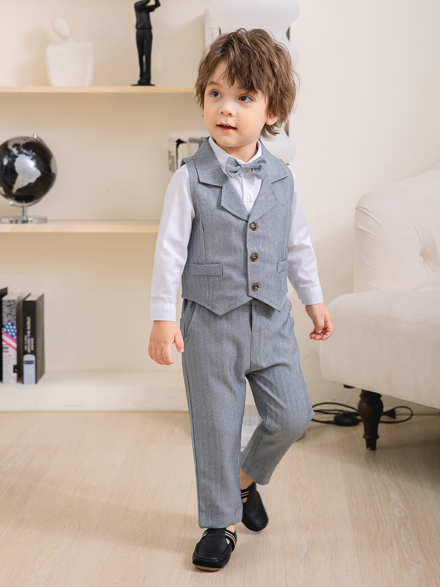 Boys 3-Piece Formal Suit Set with Shirt, Vest, Pants & Bow Tie for Weddings, Parties & Special Occasions | Soft Cotton Dress Outfit | Thomler
