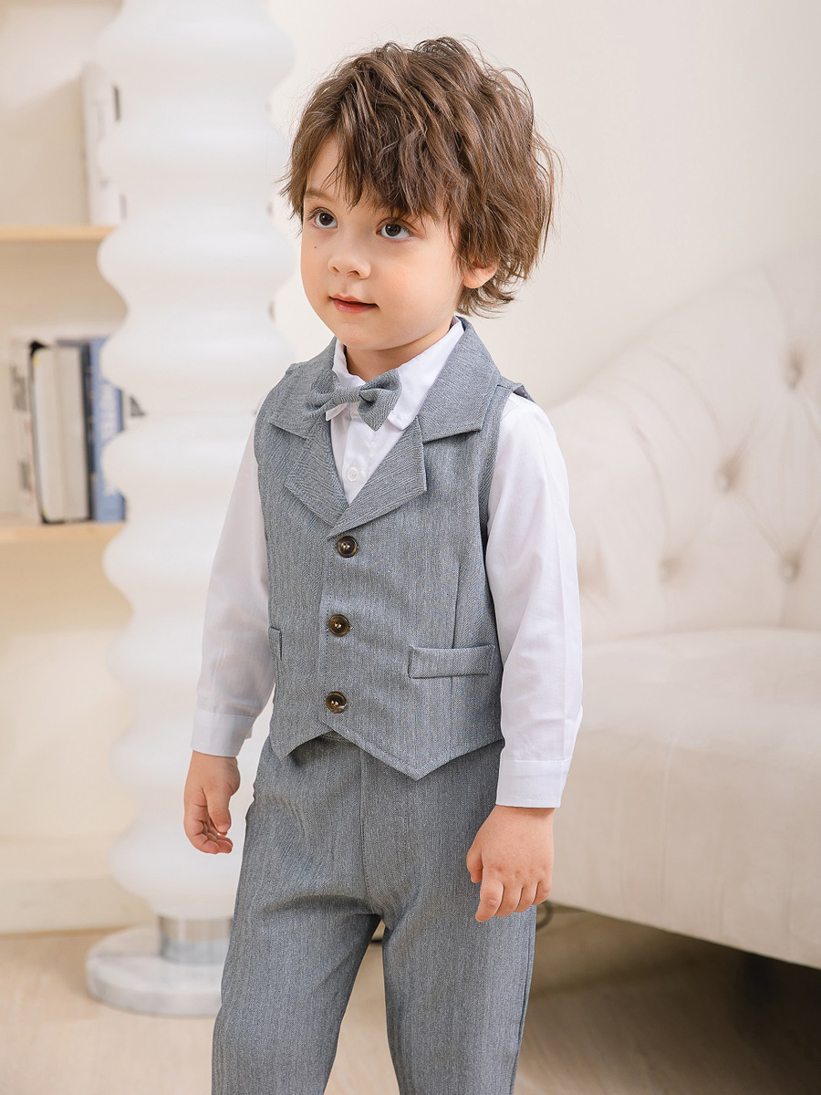 Boys 3-Piece Formal Suit Set with Shirt, Vest, Pants & Bow Tie for Weddings, Parties & Special Occasions | Soft Cotton Dress Outfit | Thomler