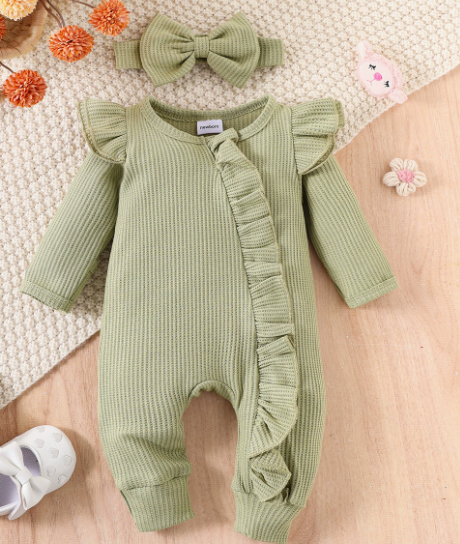 Ruffled Baby Romper with Headband – Soft Cotton Jumpsuit for Newborns & Infants 0-18 Months | Thomler