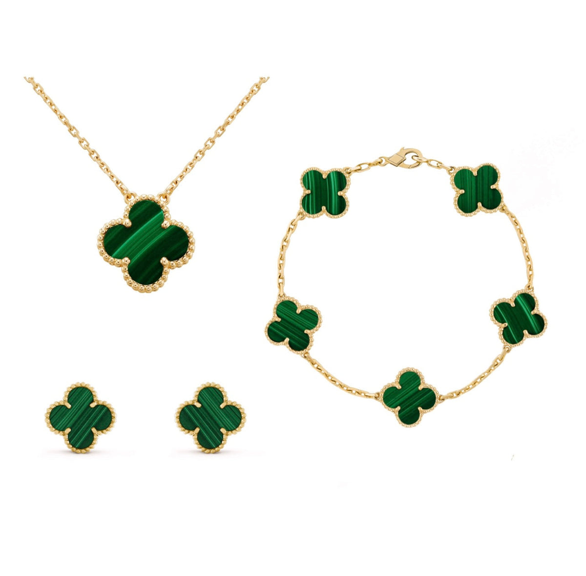 Four-Leaf Clover Jewelry Set – Necklace, Bracelet & Earrings – Gift-Ready in Luxury Box – Adjustable Fit – Nickel-Free Gold Plated Silver | Thomler