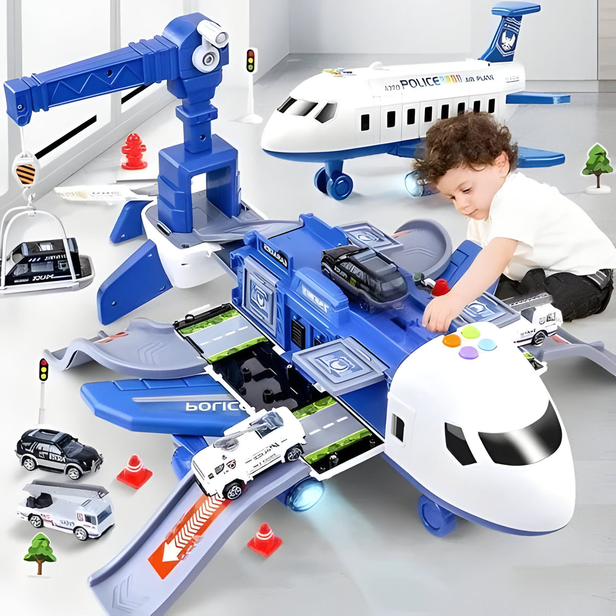 Giant Push-Powered Cargo Airplane Playset with Emergency Vehicles & Traffic Signs for Ages 3-12 | Thomler