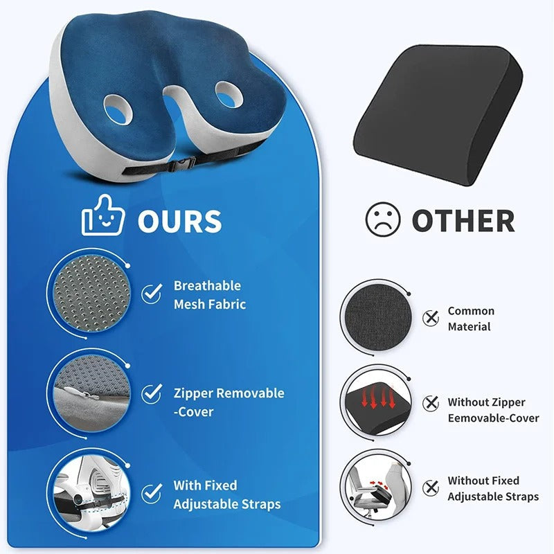 Memory Foam Seat Cushion with Tailbone Cutout for Office Chair, Car & Wheelchair – Ergonomic Support for Lower Back & Hip Pain Relief | Thomler