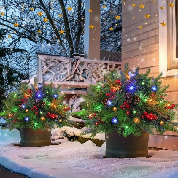 Battery-Powered LED Christmas Urn Filler with Timer – Frosted Pine Tips, Berries & Pinecones for Entryway Display | Thomler