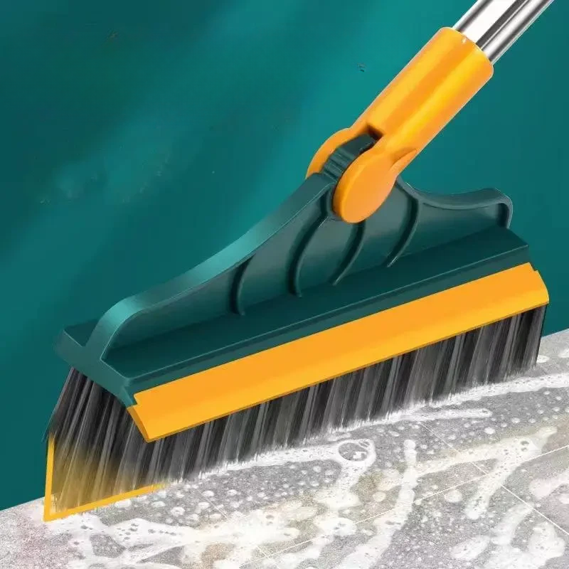 Rotating Head Bathroom Floor Scrubber with Squeegee for Tiles, Tubs & Grout – Long Handle Cleaning Tool for Corners & Tight Spaces | Thomler