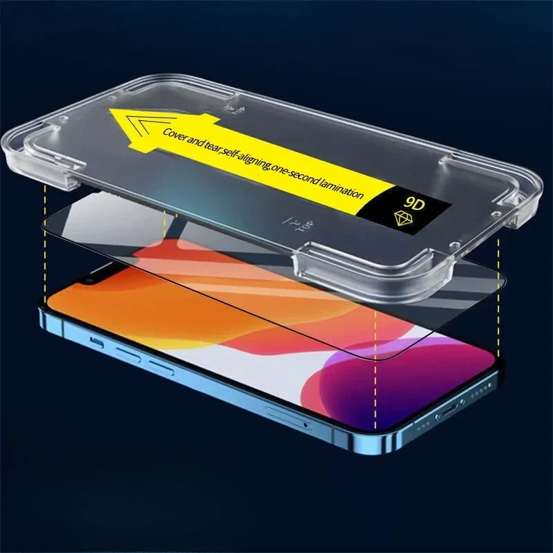 Tempered Glass Screen Shield with Auto-Align Frame for iPhone – Scratch-Resistant, Bubble-Free Installation, Dust-Sealed Applicator | Thomler