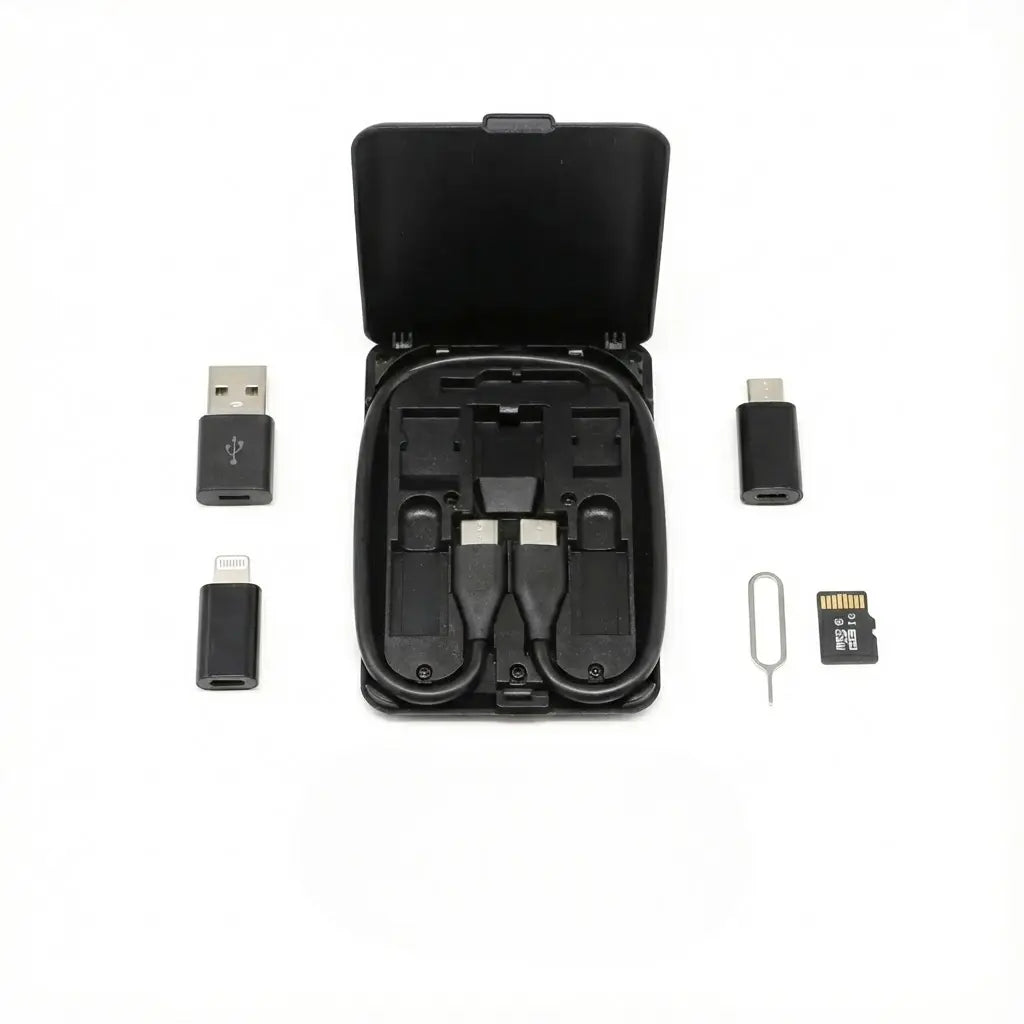 Multi-Device Charging Cable Kit with Type-C, Lightning, Micro-USB & USB-A Adapters – Slim Wallet Case, Built-In Phone Stand for Travel, Work | Thomler