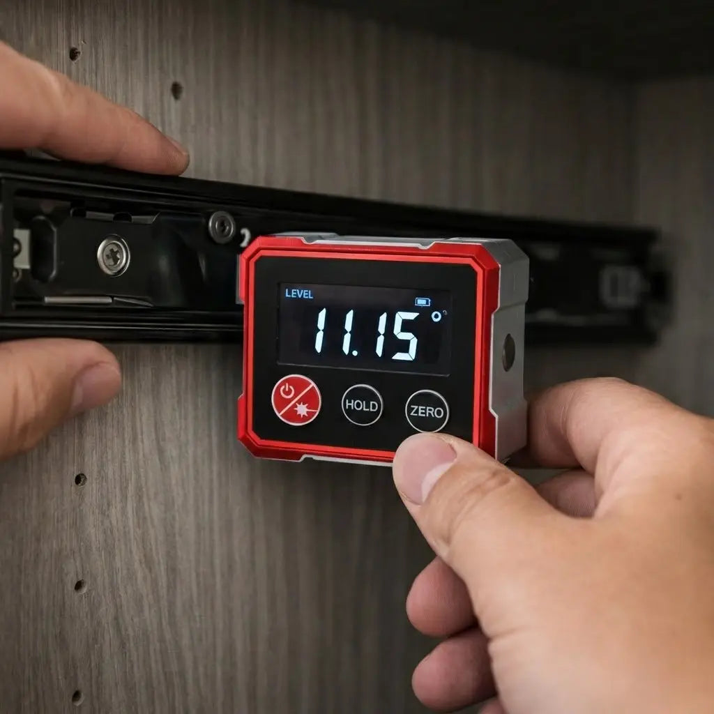 Magnetic Angle Finder with Dual Laser Level for Wall Mounting, Carpentry & DIY Projects – Digital Display, Battery Powered | Thomler