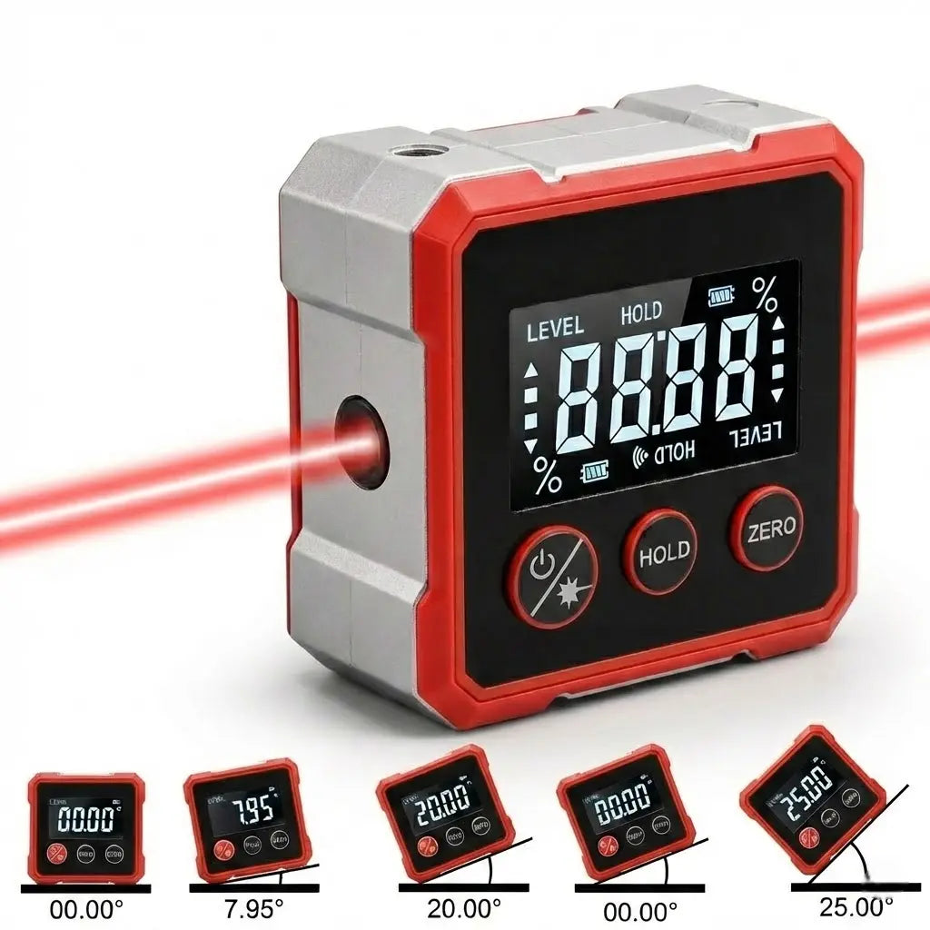 Magnetic Angle Finder with Dual Laser Level for Wall Mounting, Carpentry & DIY Projects – Digital Display, Battery Powered | Thomler