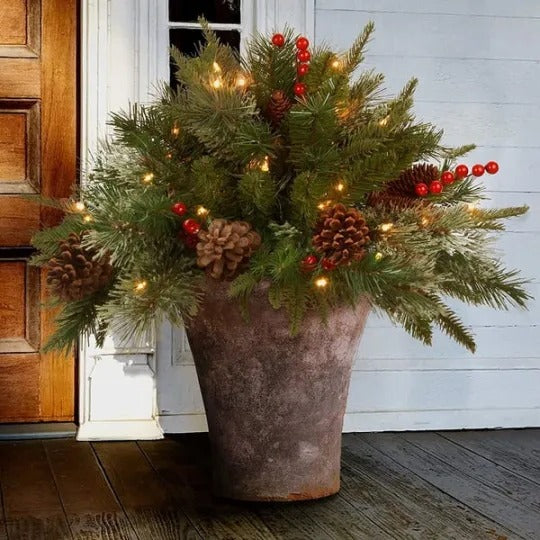 Battery-Powered LED Christmas Urn Filler with Timer – Frosted Pine Tips, Berries & Pinecones for Entryway Display | Thomler