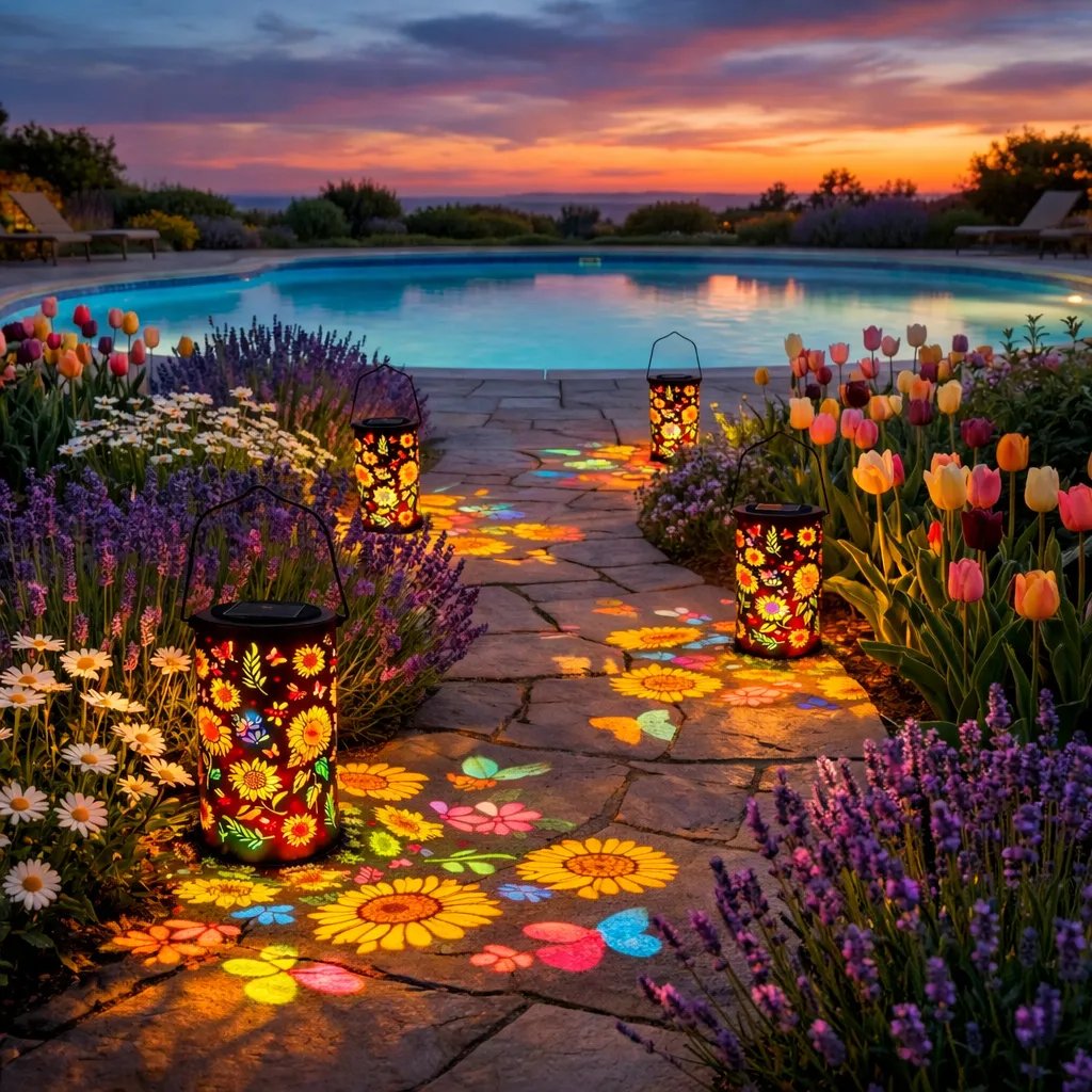 Solar-Gartenlaterne mit Blütenmuster - Warmes & buntes Licht
