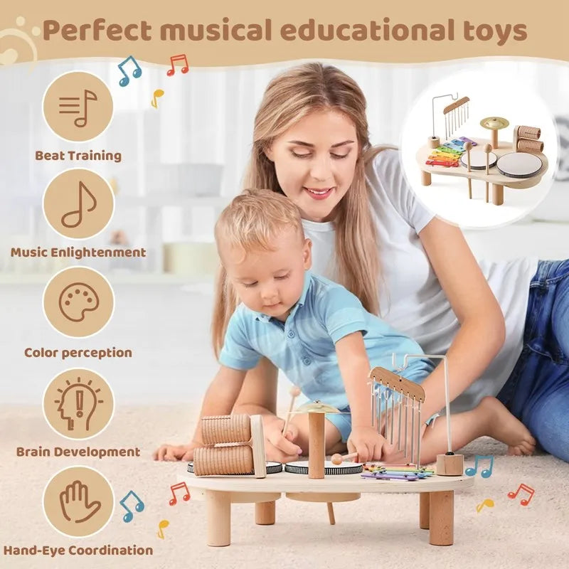 Wooden Musical Activity Station for Kids – Xylophone, Drums & Bell Playset for Toddlers, Early Learning Rhythm Toy for Boys & Girls Ages | Thomler
