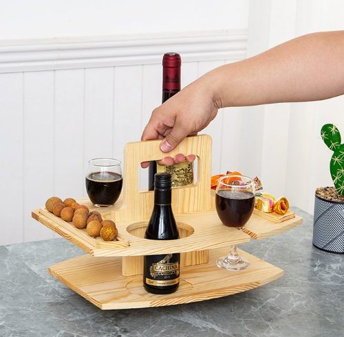 Outdoor Wine & Cheese Picnic Table Set – Folding Oak Wood Wine Holder with Glass & Snack Tray for Beach, Garden, Camping & Patio | Thomler