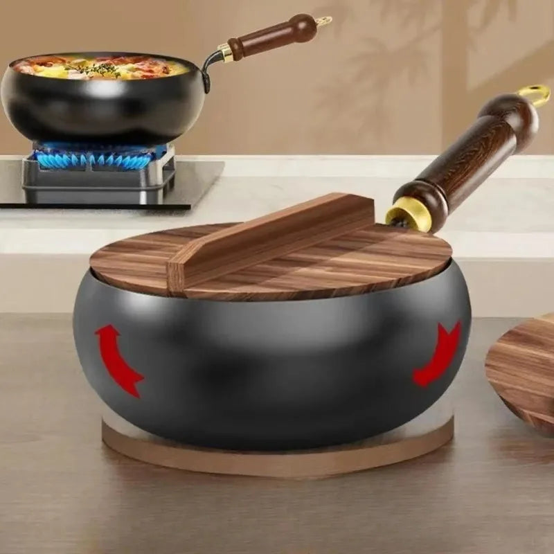 Wok Pan Iron 30.0 cm Wooden Handle Deep Stir Fry Cooking Induction Gas Electric Ceramic Kitchen Pan With Lid | Thomler