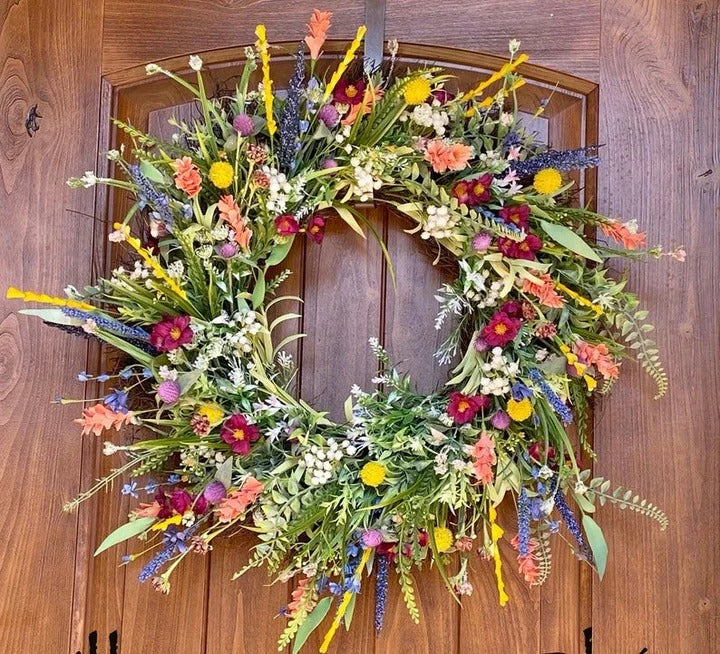 Handcrafted Buttercup & Eucalyptus Door Wreath 19-22 Inch Grapevine Base Silk Flower Arrangement Pink Purple Yellow Blooms for Front Door | Thomler