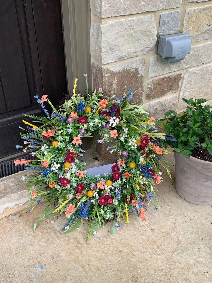 Handcrafted Buttercup & Eucalyptus Door Wreath 19-22 Inch Grapevine Base Silk Flower Arrangement Pink Purple Yellow Blooms for Front Door | Thomler