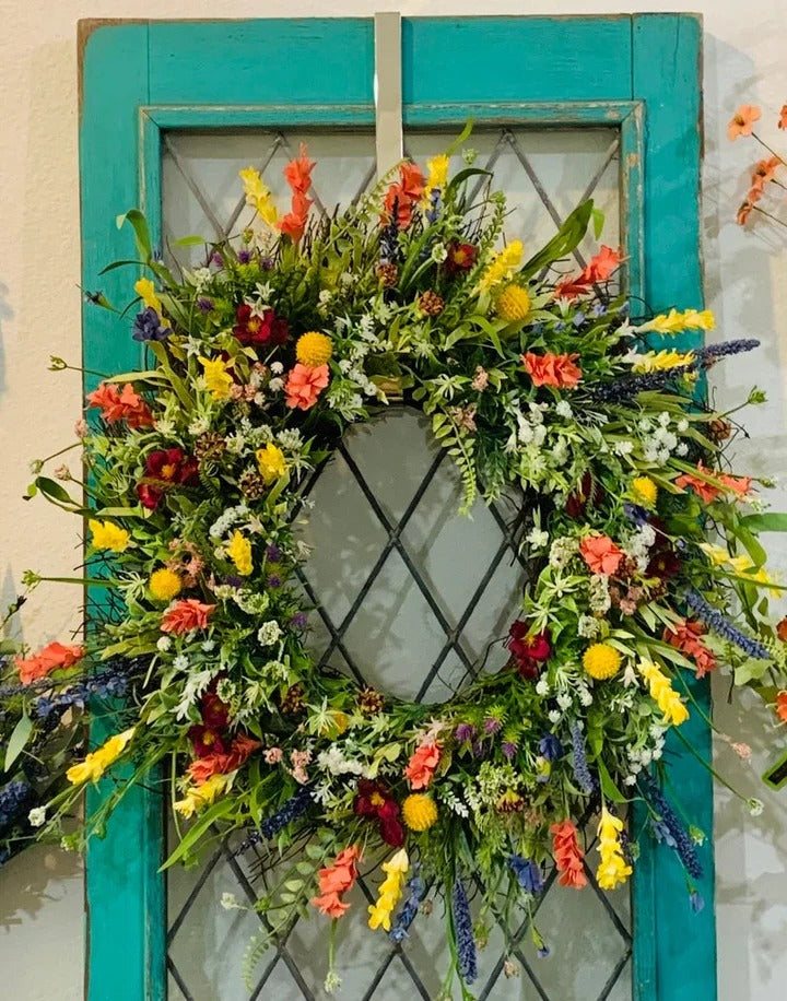 Handcrafted Buttercup & Eucalyptus Door Wreath 19-22 Inch Grapevine Base Silk Flower Arrangement Pink Purple Yellow Blooms for Front Door | Thomler