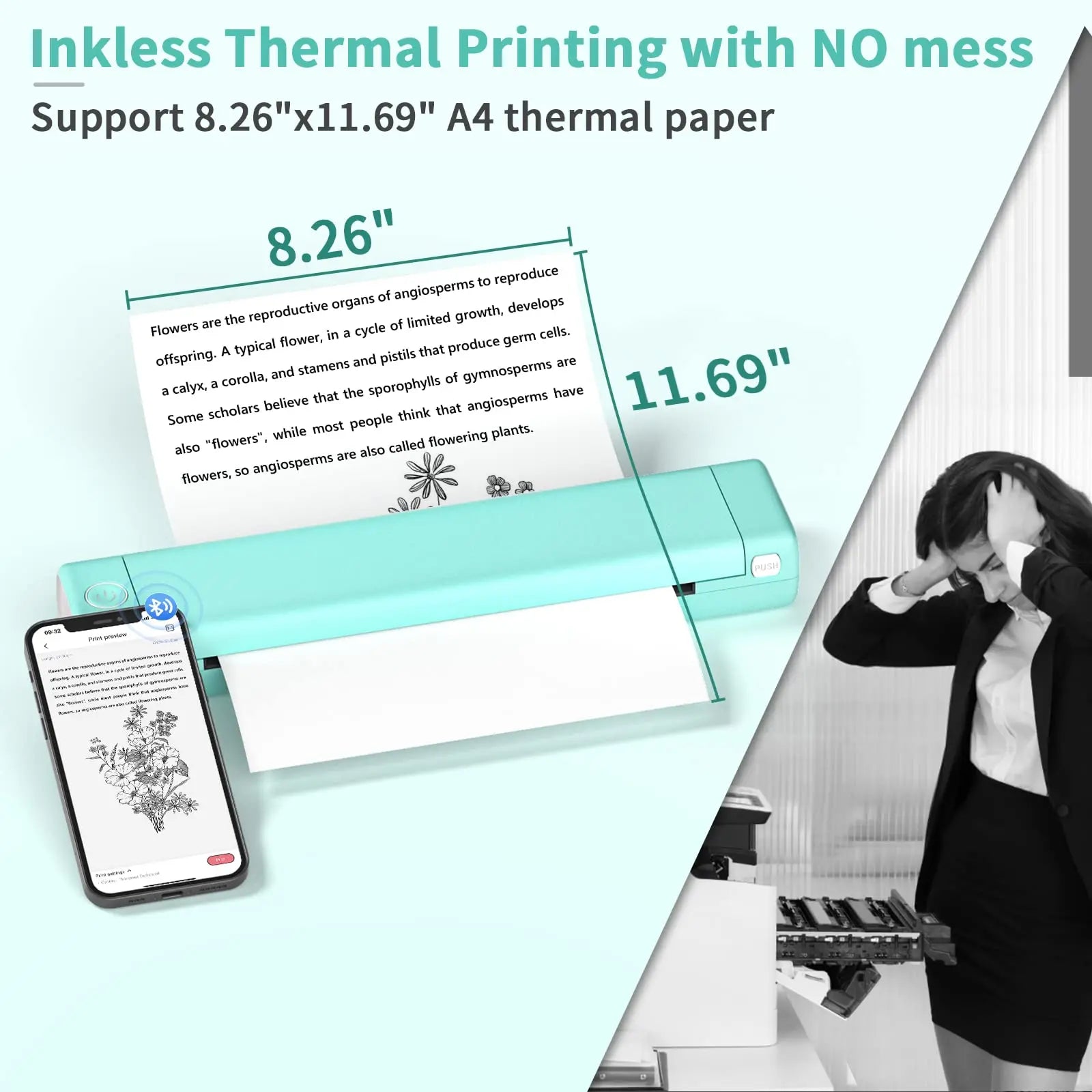 Thermal Printer Compact Inkless Bluetooth 15.0 cm Mobile Home Office Document Image Printing | Thomler