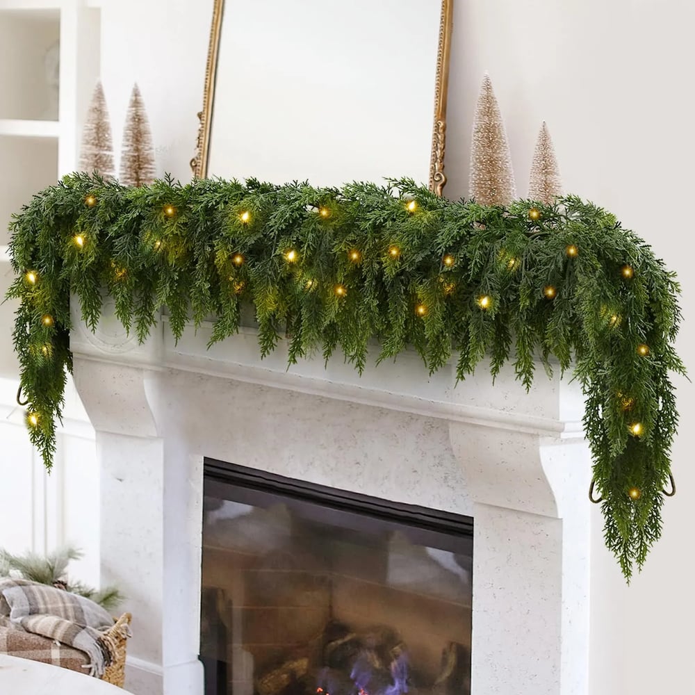 Illuminated Cedar Holiday Garland with Warm LED Lights – 6.5 Foot Artificial Evergreen Swag for Indoor Outdoor Decoration | Thomler