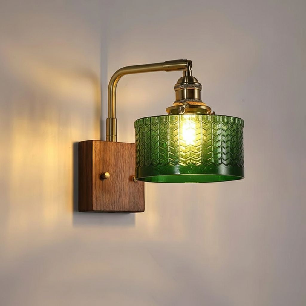 Handcrafted Wall Sconce with Textured Glass Shade & Natural Wood Bracket for Living Room, Bedroom, Hallway | Thomler